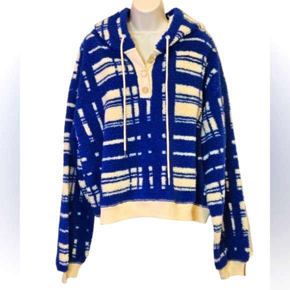 Porridge by Anthropologie Quinn Sherpa Fleece Hoodie,Blue/Ivory Multi,Size1X,NWT - Picture 2 of 16